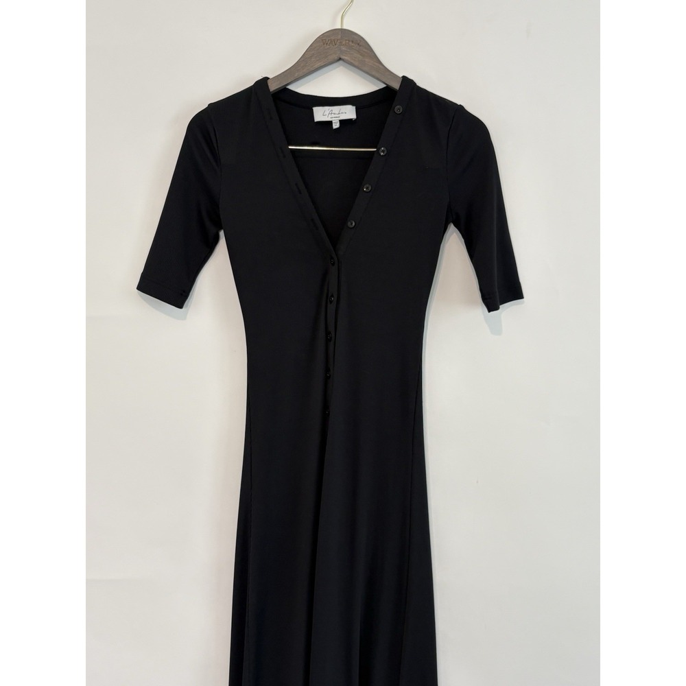L'ACADEMIE Los Angeles Womens XXS Black Henley Ribbed Maxi Dress Button Front A3